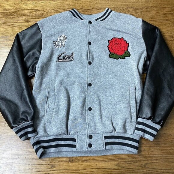 Original Deluxe Letterman Varsity Jacket Unisex L Rose Patch Cali Faux Leather - Picture 2 of 14